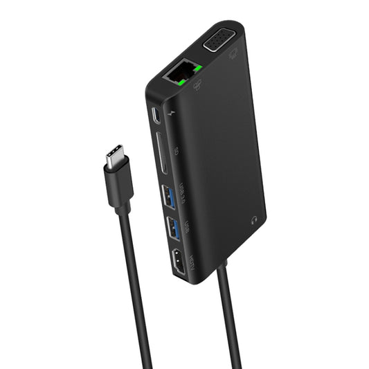 Onten 9591BD 8 in 1 USB-C / Type-C to PD USB-C / Type-C Charging + 100M Ethernet Port + Dual USB 3.0 + HDMI + VGA + SD Card Slot + 3.5mm AUX HUB (Black) by Onten