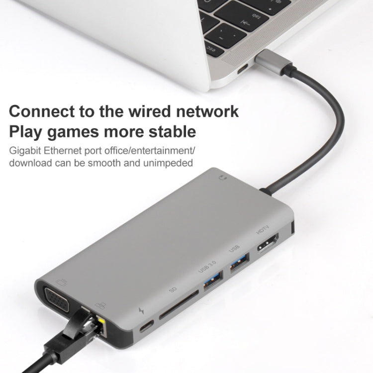 Onten 9591BD 8 in 1 USB-C / Type-C to PD USB-C / Type-C Charging + 100M Ethernet Port + Dual USB 3.0 + HDMI + VGA + SD Card Slot + 3.5mm AUX HUB (Grey) - Computer & Networking by Onten | Online Shopping UK | buy2fix