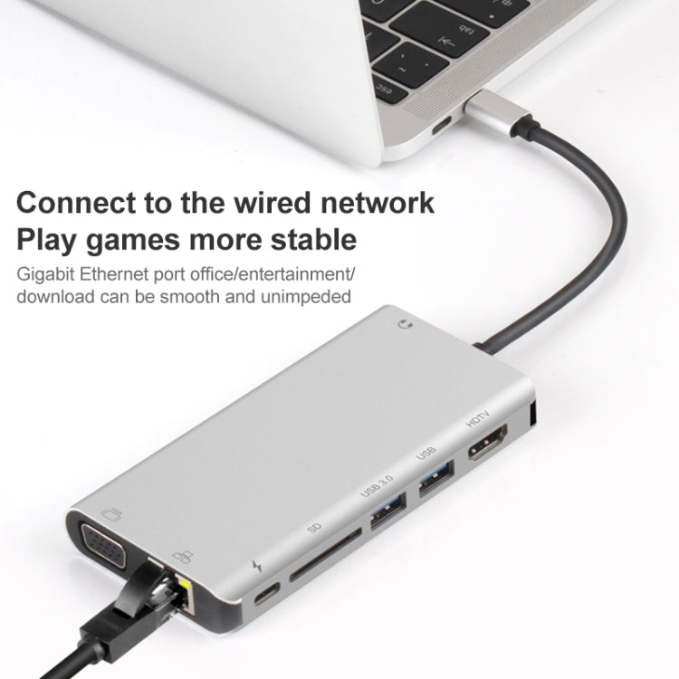 Onten 9591BD 8 in 1 USB-C / Type-C to PD USB-C / Type-C Charging + 100M Ethernet Port + Dual USB 3.0 + HDMI + VGA + SD Card Slot + 3.5mm AUX HUB (Silver) - Computer & Networking by Onten | Online Shopping UK | buy2fix