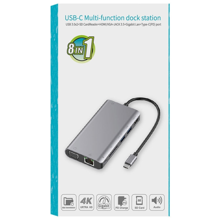 Onten 9591BD 8 in 1 USB-C / Type-C to PD USB-C / Type-C Charging + 100M Ethernet Port + Dual USB 3.0 + HDMI + VGA + SD Card Slot + 3.5mm AUX HUB (Silver) - Computer & Networking by Onten | Online Shopping UK | buy2fix