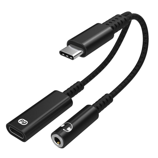 A15-1 USB-C / Type-C Male to PD 30W USB-C / Type-C Charging + 3.5mm Audio Female Earphone Adapter (Black) - Type-C Adapter by buy2fix | Online Shopping UK | buy2fix