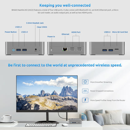 BMAX B3 2022 Windows 11 Mini PC, 8GB+256GB, Intel Jasper Lake N5095, Support HDMI / RJ45 / TF Card, EU Plug(Space Grey) - Windows Mini PCs by BMAX | Online Shopping UK | buy2fix