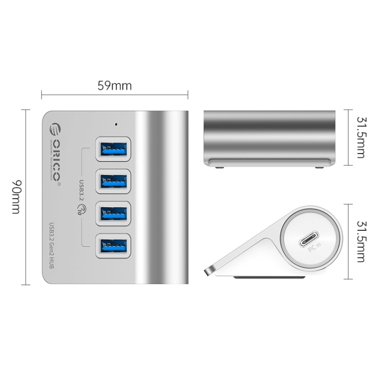 ORICO M3U4 Aluminum Alloy 4-Port USB 3.2 Gen1 10Gbps HUB (Silver) -  by ORICO | Online Shopping UK | buy2fix