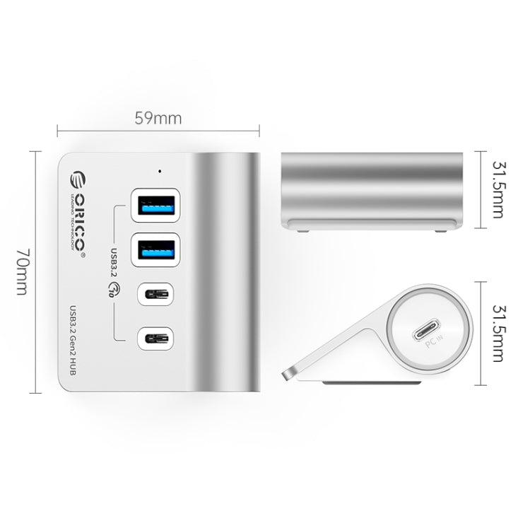 ORICO M3CU2 Aluminum Alloy 4-Port Type-C And USB 3.2 Gen2 10Gbps HUB(Silver) -  by ORICO | Online Shopping UK | buy2fix