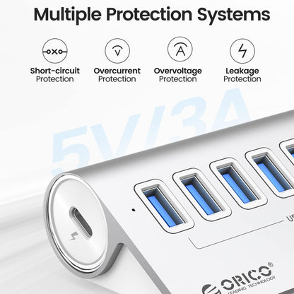 ORICO M3U7 Aluminum Alloy 7-Port USB 3.2 Gen1 5Gbps HUB with 1m Cable(Silver) -  by ORICO | Online Shopping UK | buy2fix