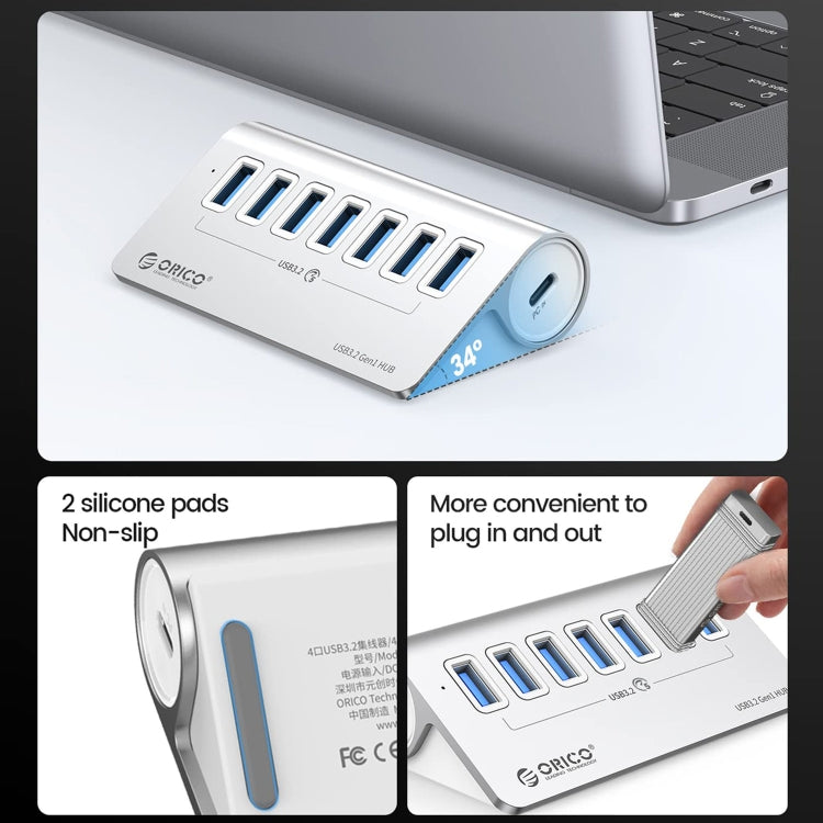 ORICO M3U7 Aluminum Alloy 7-Port USB 3.2 Gen1 5Gbps HUB with 0.5m Cable(Silver) -  by ORICO | Online Shopping UK | buy2fix