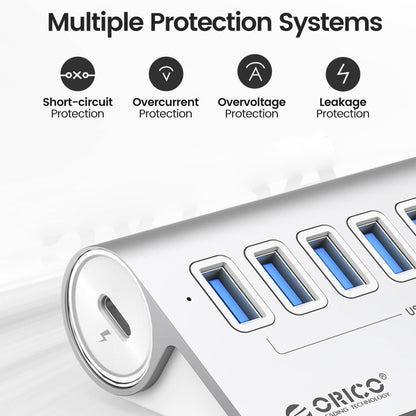 ORICO M3U7-G2 Aluminum Alloy 7-Port USB 3.2 Gen2 10Gbps HUB with 0.5m Cable (Silver) -  by ORICO | Online Shopping UK | buy2fix