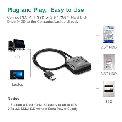 UGREEN USB 3.0 to SATA Adapter Cable Converter for 2.5 / 3.5 inch Hard Drive Disk HDD and SSD, Support UASP SATA 3.0(Black) - USB to IDE / SATA by UGREEN | Online Shopping UK | buy2fix