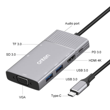 Onten 95113 8 In 1 USB 3.0 x2 + SD / TF + HDMI / VGA + 3.5mm Jack + Type-C / USB-C (PD 3.0) Multi-function HUB Converter Dock Station - Computer & Networking by Onten | Online Shopping UK | buy2fix