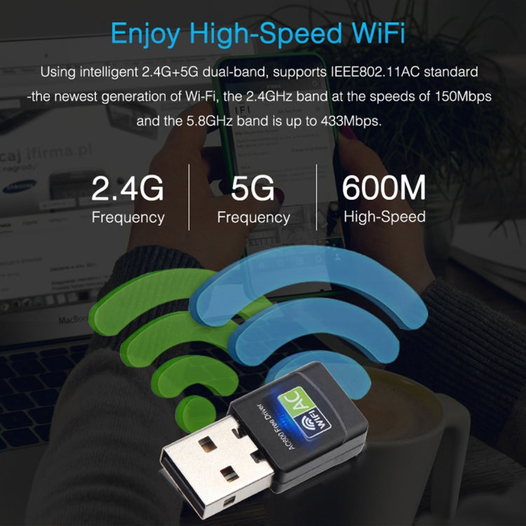 AC600Mbps 2.4GHz & 5GHz Dual Band USB 2.0 WiFi Free Drive Adapter External Network Card - USB Network Adapter by buy2fix | Online Shopping UK | buy2fix