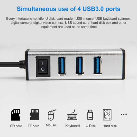 USB-C / Type-C to 4 USB 3.0 Ports Aluminum Alloy HUB with Switch (Silver) by buy2fix