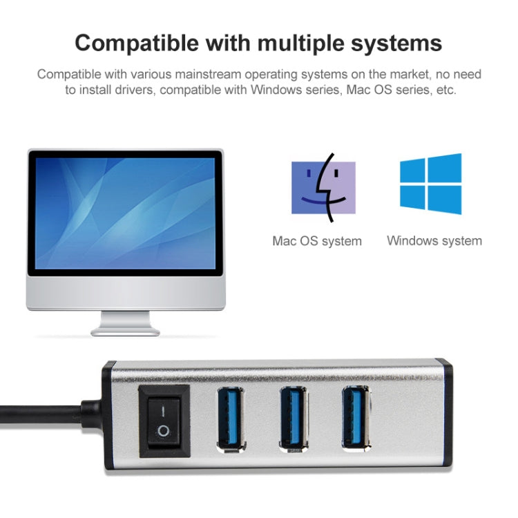 USB-C / Type-C to 4 USB 3.0 Ports Aluminum Alloy HUB with Switch (Grey) - Computer & Networking by buy2fix | Online Shopping UK | buy2fix