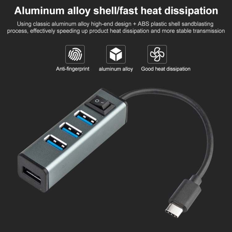 USB-C / Type-C to 4 USB 3.0 Ports Aluminum Alloy HUB with Switch (Silver) - Computer & Networking by buy2fix | Online Shopping UK | buy2fix