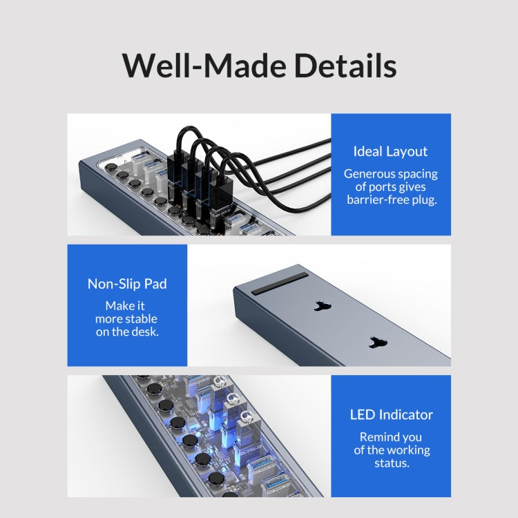 ORICO AT2U3-13AB-GY-BP 13 Ports USB 3.0 HUB with Individual Switches & Blue LED Indicator, UK Plug - USB 3.0 HUB by ORICO | Online Shopping UK | buy2fix