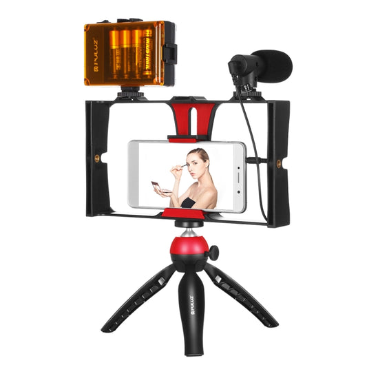 PULUZ 4 in 1 Vlogging Live Broadcast LED Selfie Light Smartphone Video Rig Kits with Microphone + Tripod Mount + Cold Shoe Tripod Head for iPhone, Galaxy, Huawei, Xiaomi, HTC, LG, Google, and Other Smartphones(Red) by PULUZ