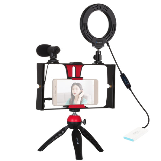 PULUZ 4 in 1 Vlogging Live Broadcast Smartphone Video Rig + 4.7 inch 12cm Ring LED Selfie Light Kits with Microphone + Tripod Mount + Cold Shoe Tripod Head for iPhone, Galaxy, Huawei, Xiaomi, HTC, LG, Google, and Other Smartphones(Red) by PULUZ