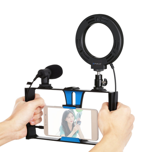 PULUZ 3 in 1 Vlogging Live Broadcast Smartphone Video Rig + Microphone +  4.7 inch 12cm Ring LED Selfie Light Kits with Cold Shoe Tripod Head for iPhone, Galaxy, Huawei, Xiaomi, HTC, LG, Google, and Other Smartphones(Blue) - Camera Accessories by PULUZ | Online Shopping UK | buy2fix