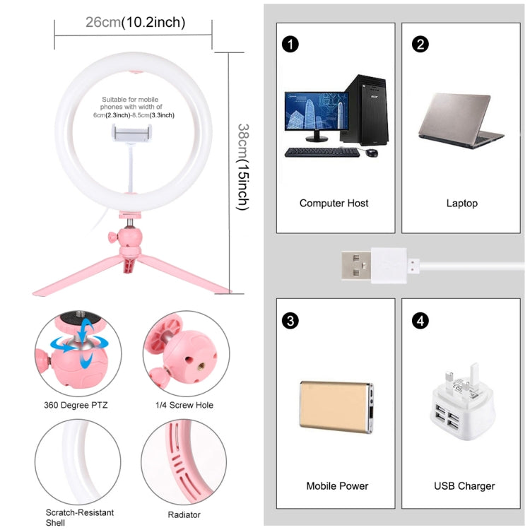 PULUZ 10.2 inch 26cm Light + Desktop Tripod Mount USB 3 Modes Dimmable Dual Color Temperature LED Curved Diffuse Light Ring Vlogging Selfie Photography Video Lights with Phone Clamp(Pink) - Consumer Electronics by PULUZ | Online Shopping UK | buy2fix