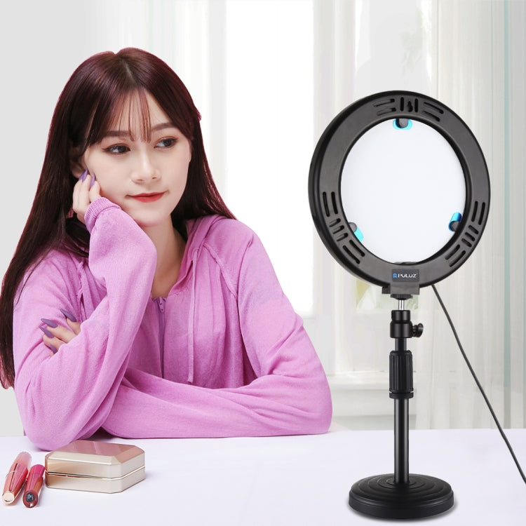 PULUZ 7.9 inch 20cm Mirror Light + Round Base Desktop Mount 3 Modes Dimmable Dual Color Temperature LED Curved Light Ring Vlogging Selfie Photography Video Lights with Phone Clamp(Black) - Consumer Electronics by PULUZ | Online Shopping UK | buy2fix