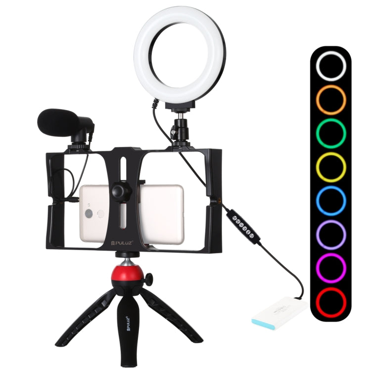 PULUZ 4 in 1 Vlogging Live Broadcast Smartphone Video Rig + 4.7 inch 12cm RGBW Ring LED Selfie Light + Microphone + Pocket Tripod Mount Kits with Cold Shoe Tripod Head(Red) - Camera Cage by PULUZ | Online Shopping UK | buy2fix