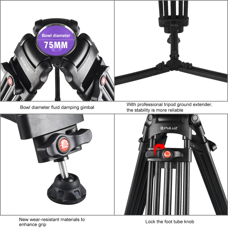 PULUZ 3 in 1 (Tripod + Bowl Adapter + Black Fluid Drag Head) Heavy Duty Video Camcorder Aluminum Alloy Tripod Mount Kit for DSLR / SLR Camera, Adjustable Height: 62-152cm - Camera Accessories by PULUZ | Online Shopping UK | buy2fix