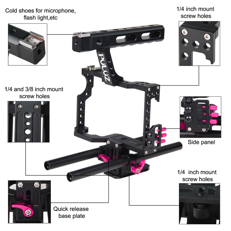 PULUZ Camera Cage Handle Stabilizer for Sony A7 & A7S & A7R, A7 II & A7R II & A7S II, A7R III & A7S III, A7R IV, A6000, A6500, A6300, Panasonic Lumix DMC-GH4(Rose Red) - Camera Accessories by PULUZ | Online Shopping UK | buy2fix