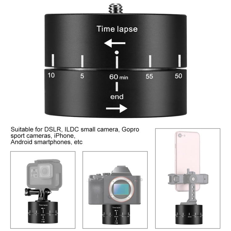 PULUZ 360 Degrees Panning Rotation 60 Minutes Time Lapse Stabilizer Tripod Head Adapter for GoPro HERO10 Black / HERO9 Black / HERO8 Black / HERO7 /6 /5 /5 Session /4 Session /4 /3+ /3 /2 /1, Xiaoyi and Other Action Cameras - Camera Accessories by PULUZ | Online Shopping UK | buy2fix