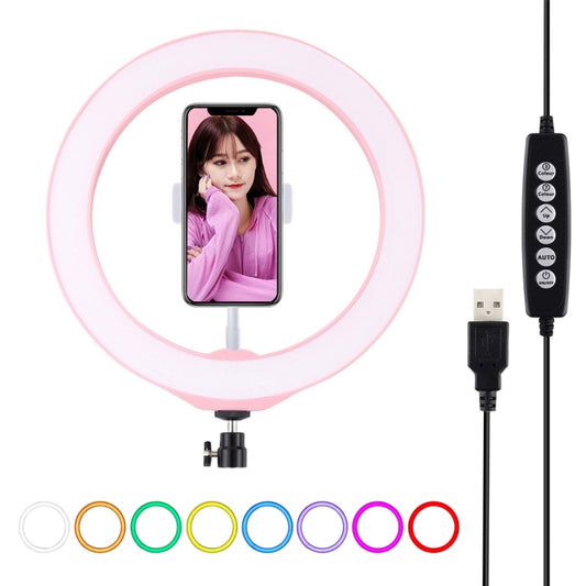PULUZ 10.2 inch 26cm USB 10 Modes 8 Colors RGBW Dimmable LED Ring Vlogging Photography Video Lights with Cold Shoe Tripod Ball Head & Phone Clamp(Pink) - Consumer Electronics by PULUZ | Online Shopping UK | buy2fix
