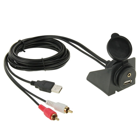 USB 2.0 &amp; 2 Cinch-Stecker auf USB 2.0 &amp; 3,5 mm Buchse Adapterkabel mit Unterputzmontage im Auto, Länge: 2 m
