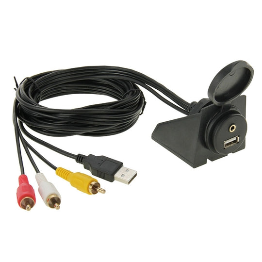 USB 2.0 &amp; 3 Cinch-Stecker auf USB 2.0 &amp; 3,5 mm Buchse Adapterkabel mit Unterputzmontage im Auto, Länge: 2 m