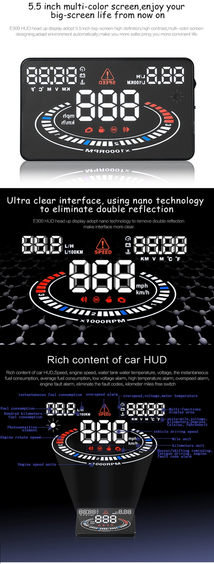 E300 5.5 inch Car OBDII / EUOBD HUD Vehicle-mounted Head Up Display Security System, Support Speed & Fuel Consumption, Overspeed Alarm,  Fuel Consumption, Water Temperature, etc.(Black) - Head Up Display System by buy2fix | Online Shopping UK | buy2fix