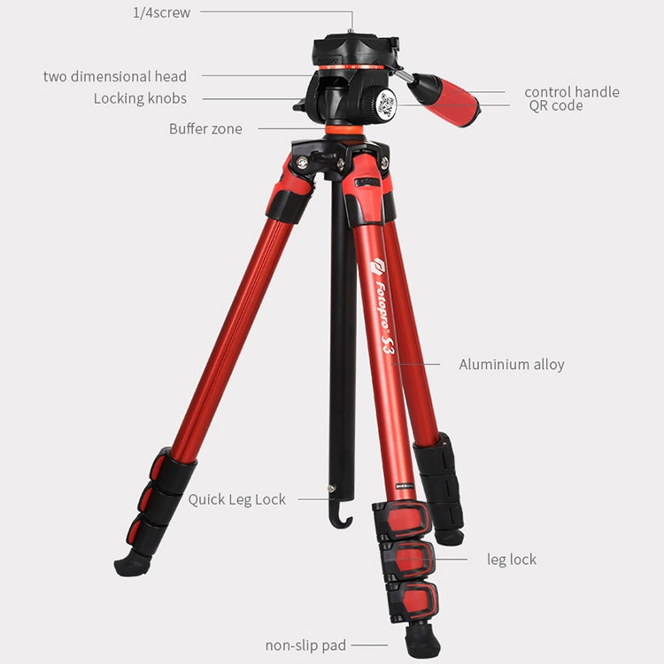 Fotopro S3 4-Section Folding Aluminum Legs Tripod PTZ Stand for SLR / Micro-SLR / Digital Cameras - Camera Accessories by Fotopro | Online Shopping UK | buy2fix