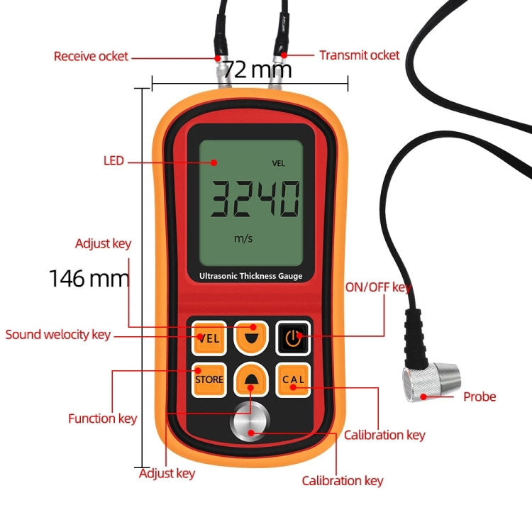 GM-100 Ultrasonic Thickness Meter Tester Gauge Velocity 1.2~225mm(Red) - Consumer Electronics by buy2fix | Online Shopping UK | buy2fix