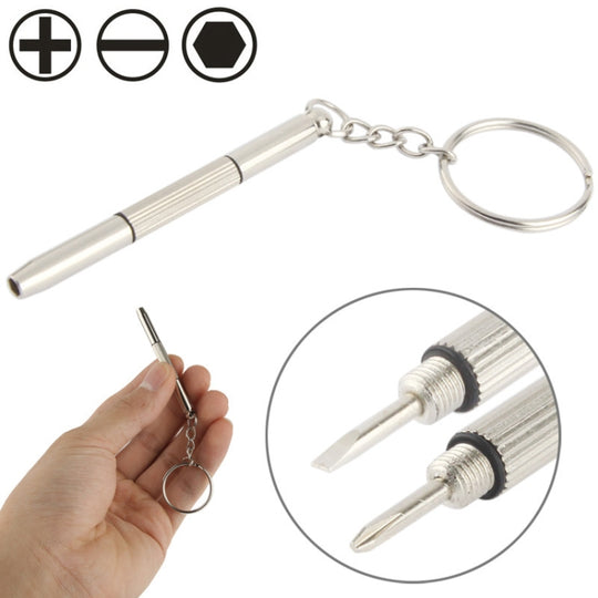 3-in-1-Profi-Mini-Schraubendreher-Reparaturwerkzeug mit Schlüsselbund für Uhr/Handy/Kamera/Brille (Schlitz + Kreuzschlitz + Inbus)