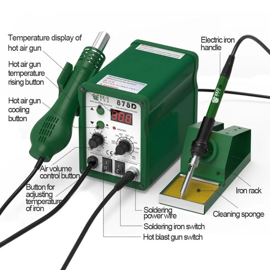 BEST BST-878D 2 in 1 AC 220V 700W LED Displayer Helical Wind Adjustable Temperature Unleaded Hot Air Gun + Solder Station & Soldering Iron, EU Plug(Green) by BEST