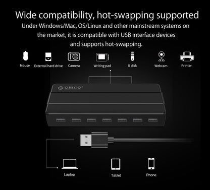 Orico H7928-U2-V1 Desktop 7 Ports USB 2.0 HUB with Power Adapter(Black) - USB 2.0 HUB by ORICO | Online Shopping UK | buy2fix