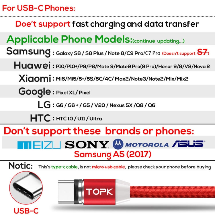 TOPK 1m 2.4A Max USB to USB-C / Type-C Nylon Braided Magnetic Charging Cable with LED Indicator(Red) - Mobile Accessories by TOPK | Online Shopping UK | buy2fix