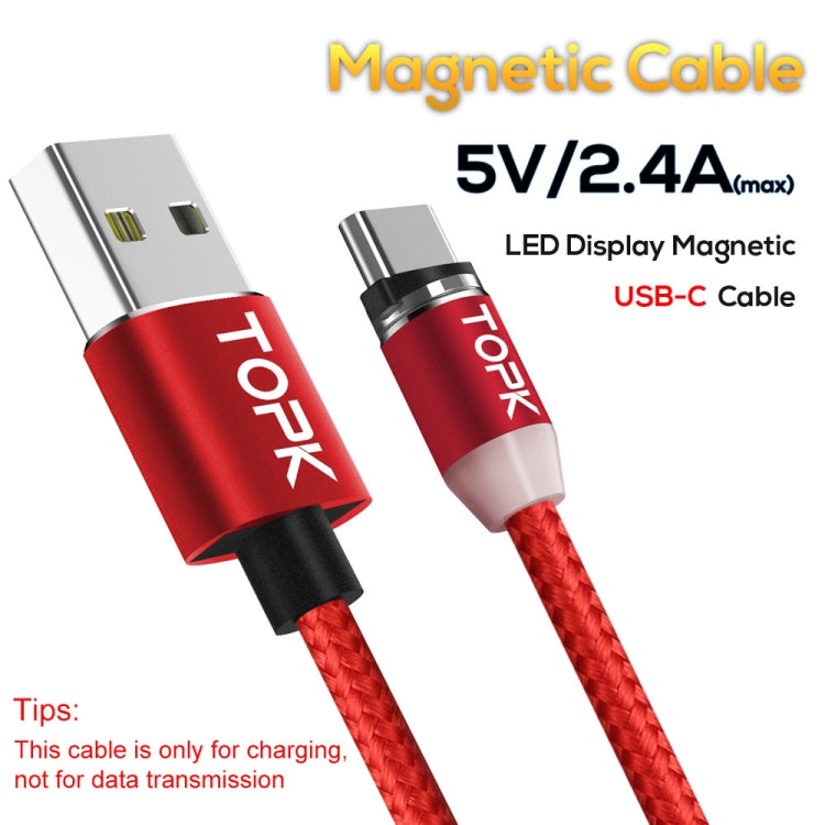 TOPK 1m 2.4A Max USB to USB-C / Type-C Nylon Braided Magnetic Charging Cable with LED Indicator(Red) - Mobile Accessories by TOPK | Online Shopping UK | buy2fix