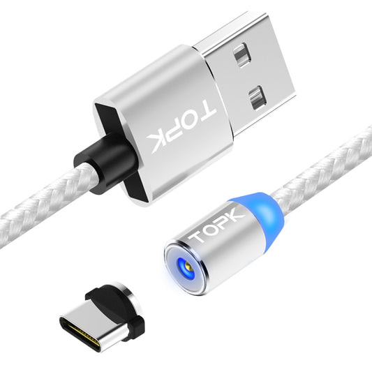 TOPK 1m 2.4A Max USB to USB-C / Type-C Nylon Braided Magnetic Charging Cable with LED Indicator(Silver) - Mobile Accessories by TOPK | Online Shopping UK | buy2fix
