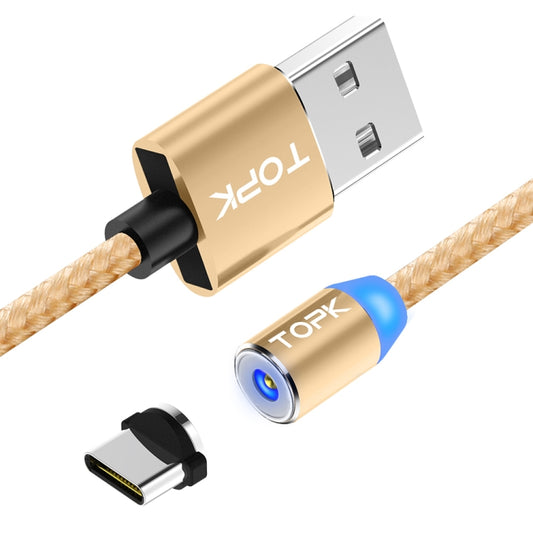 TOPK 2m 2.4A Max USB to USB-C / Type-C Nylon Braided Magnetic Charging Cable with LED Indicator(Gold) - Mobile Accessories by TOPK | Online Shopping UK | buy2fix