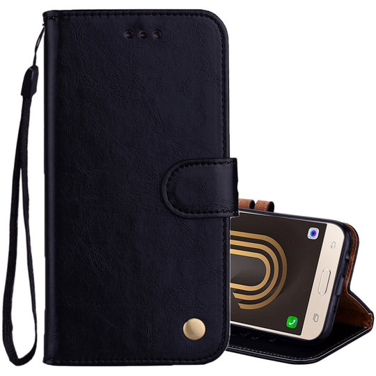 For Samsung Galaxy J5 (2017) / J530 (EU Version) Business Style Oil Wax Texture Horizontal Flip Leather Case with Holder & Card Slots & Wallet(Black)