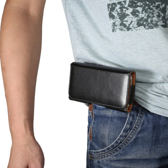 Étui en cuir pour téléphone portable à texture brillante pour hommes avec boucle arrière à manches transversales pour smartphones de 6,3 pouces ou moins (noir)