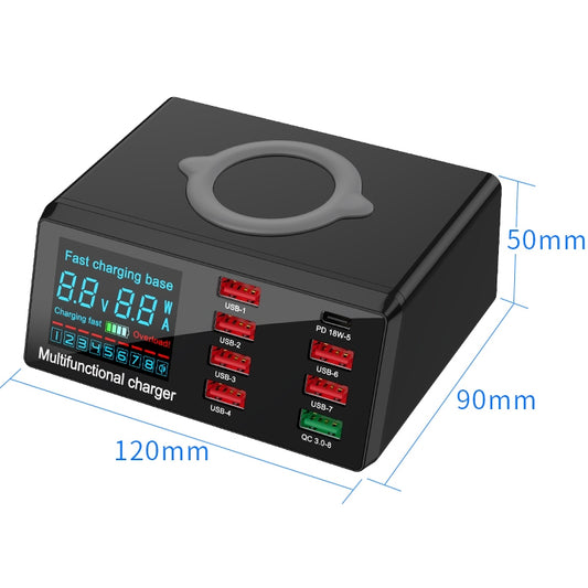 X9 9 in 1 QC 3.0 USB Interface + 6 USB Ports + PD 65W Ports + QI Wireless Fast Charging Multi-function Charger with LED Display by buy2fix