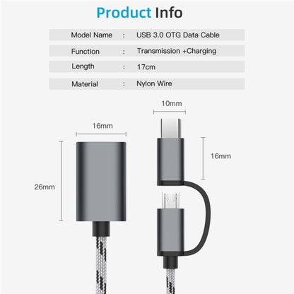 USB 3.0 Female to Micro USB + USB-C / Type-C Male Charging + Transmission OTG Nylon Braided Adapter Cable, Cable Length: 17cm (Grey) by buy2fix