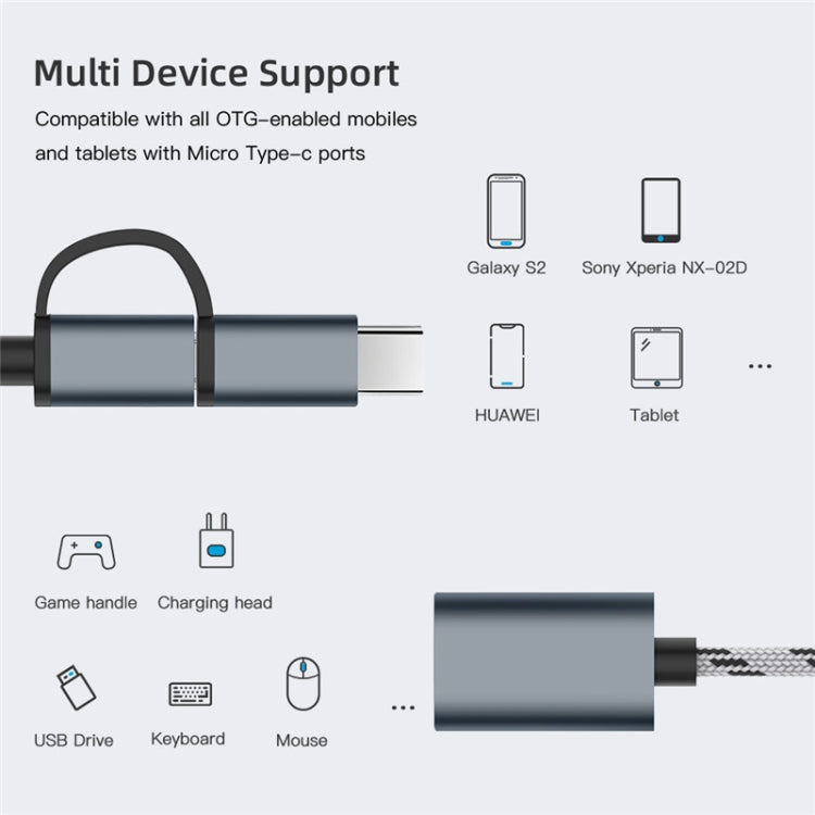 USB 3.0 Female to Micro USB + USB-C / Type-C Male Charging + Transmission OTG Nylon Braided Adapter Cable, Cable Length: 17cm (Grey) by buy2fix