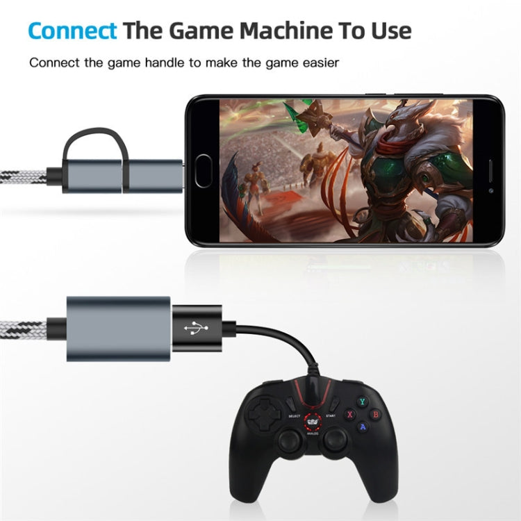 USB 3.0 Female to Micro USB + USB-C / Type-C Male Charging + Transmission OTG Nylon Braided Adapter Cable, Cable Length: 17cm (Grey) by buy2fix