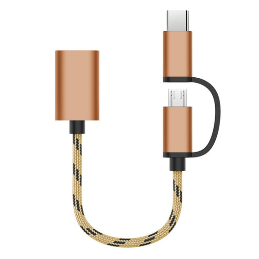 USB 3.0 Female to Micro USB + USB-C / Type-C Male Charging + Transmission OTG Nylon Braided Adapter Cable, Cable Length: 17cm (Gold) by buy2fix