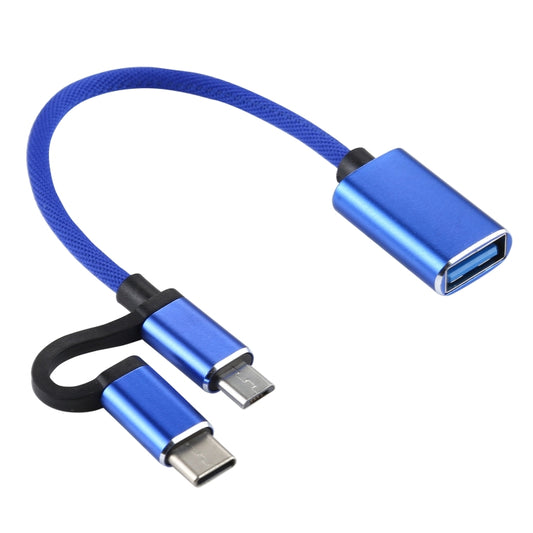 USB 3.0 Female to Micro USB + USB-C / Type-C Male Charging + Transmission OTG Nylon Braided Adapter Cable, Cable Length: 11cm(Blue) by buy2fix