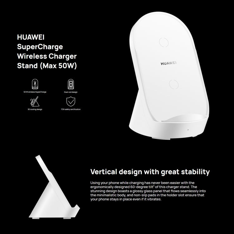 Original Huawei CP62R 50W Max Qi Standard Super Fast Charging Vertical Wireless Charger Stand (White) - Wireless Charger by Huawei | Online Shopping UK | buy2fix