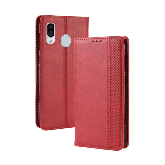 Magnetic Buckle Retro Crazy Horse Texture Horizontal Flip Leather Case for Galaxy A20/A30, with Holder & Card Slots & Photo Frame(Red)
